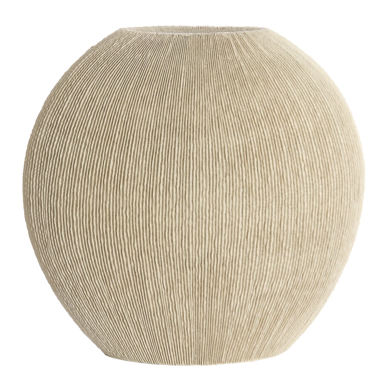 Kugelförmige Vase mit geriffelter Oberfläche, seitliche Perspektive