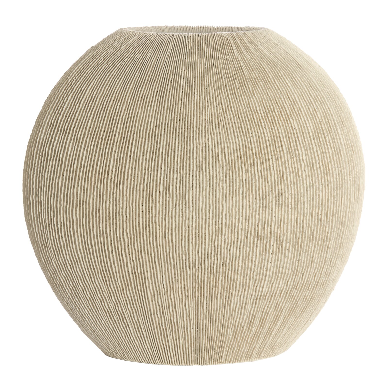 Kugelförmige Vase mit geriffelter Oberfläche, seitliche Perspektive