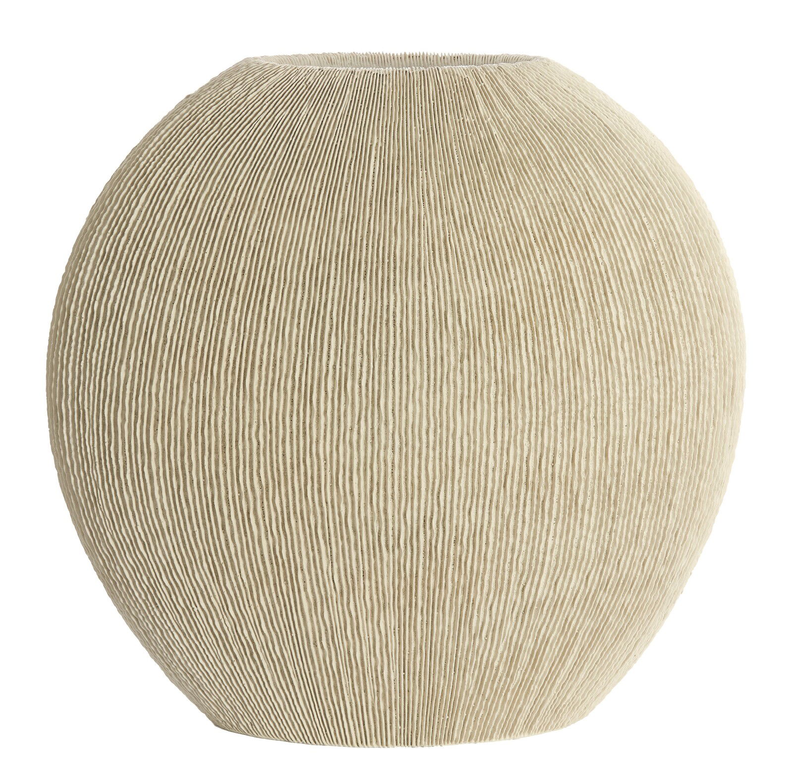 Kugelförmige Vase mit geriffelter Oberfläche, seitliche Perspektive