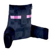 Minecraft Enderman Sitzkissen mit Armlehnen in Dunkelblau/Schwarz mit violetten Augen, weicher Plüschbezug, freigestellt auf weißem Hintergrund, Perspektive: leicht schräg von vorne