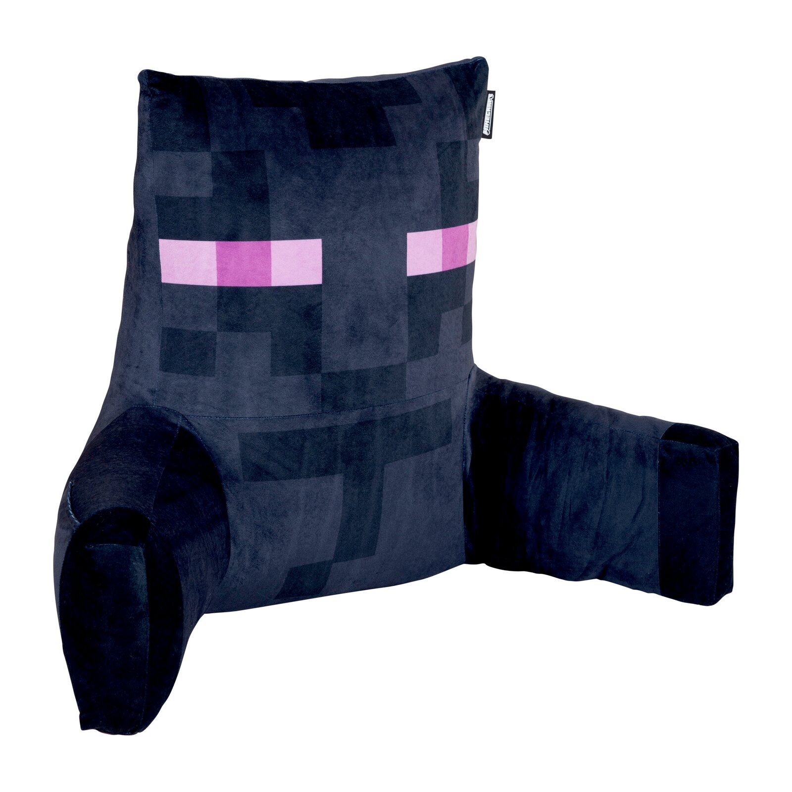 Minecraft Enderman Sitzkissen mit Armlehnen in Dunkelblau/Schwarz mit violetten Augen, weicher Plüschbezug, freigestellt auf weißem Hintergrund, Perspektive: leicht schräg von vorne