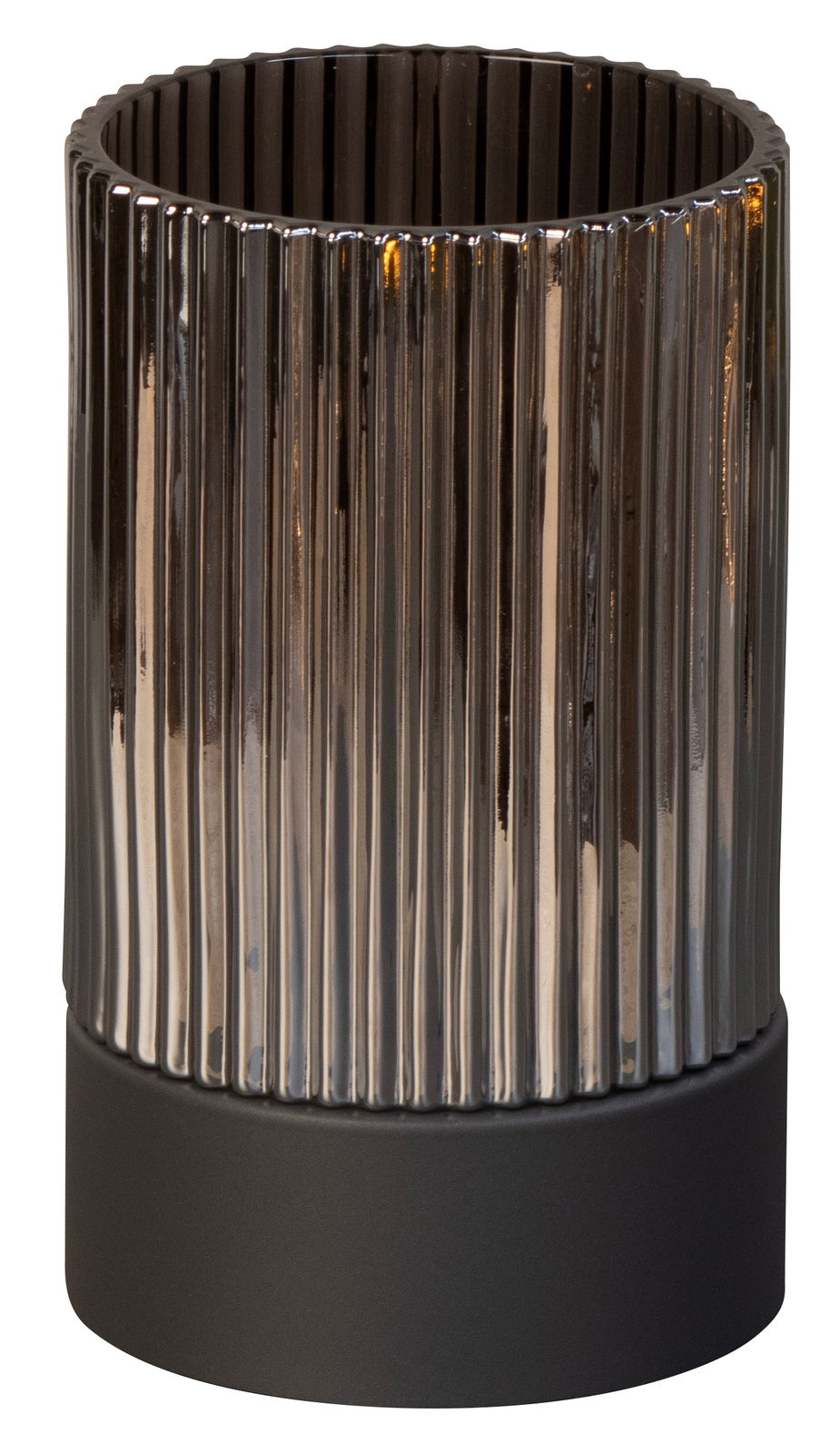Zylindrisches Akku-Windlicht mit geriffeltem Glas und schwarzem Sockel, seitliche Perspektive