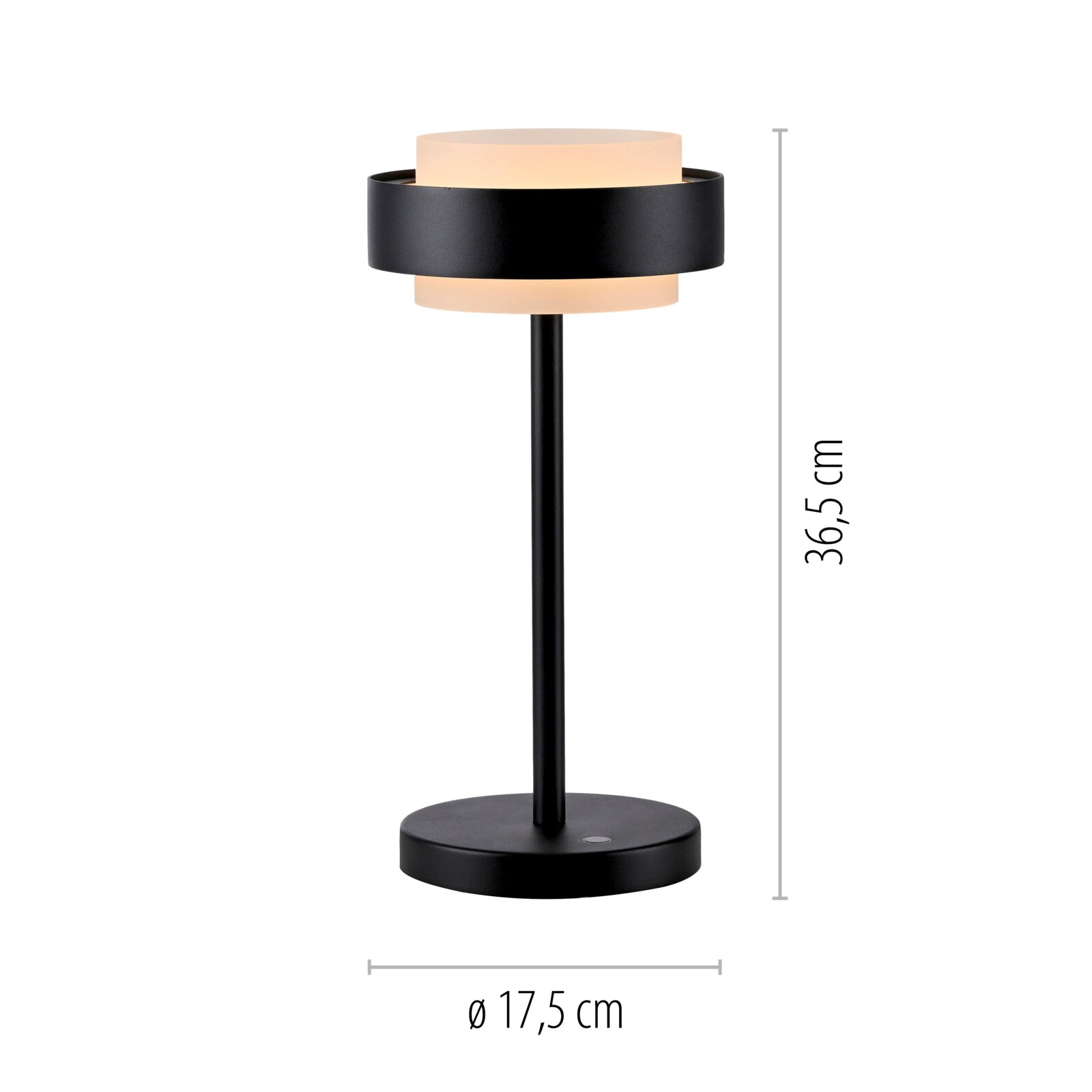 Moderne schwarze Tischleuchte mit rundem Fuß und zylindrischem, warm leuchtendem Diffusor, Höhe 36,5 cm und Durchmesser 17,5 cm, frontale Produktansicht auf weißem Hintergrund