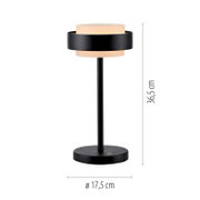 Moderne schwarze Tischleuchte mit rundem Fuß und zylindrischem, warm leuchtendem Diffusor, Höhe 36,5 cm und Durchmesser 17,5 cm, frontale Produktansicht auf weißem Hintergrund