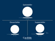 Infografik mit Draufsicht und Seitenansicht von weißem Speiseteller (Ø 29 cm, Höhe 2 cm), Dessertteller (Ø 23 cm, Höhe 2 cm) und Suppenteller (Ø 22 cm, Höhe 5,5 cm, 800 ml) auf blauem Hintergrund