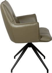 Gepolsterter Drehstuhl mit Armlehnen in taupefarbenem Lederlook und schwarzem Metall-Sternfuß, Seitenansicht von links