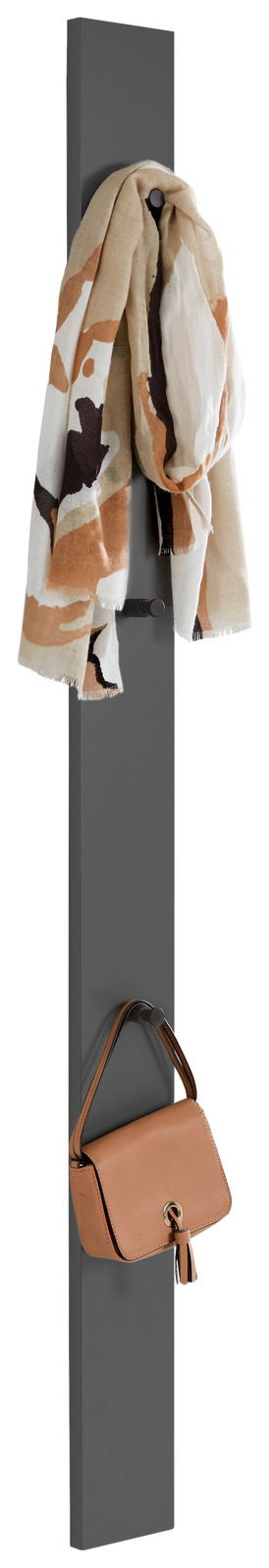 Garderobenpaneel in vertikaler Perspektive mit Schal und Handtasche an Haken.
