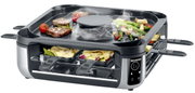 Smokeless Raclette-Grill mit dampfendem Grillgut und Pfännchen, seitliche Perspektive
