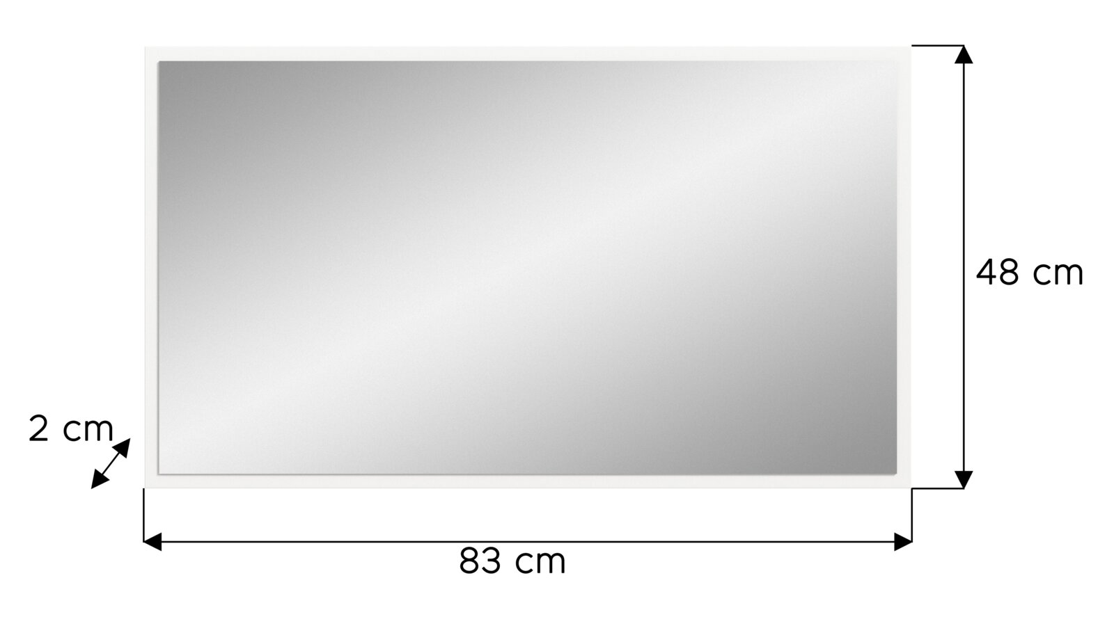 Rechteckiger Spiegel mit den Maßen 83 cm x 48 cm und einer Tiefe von 2 cm, frontal abgebildet.