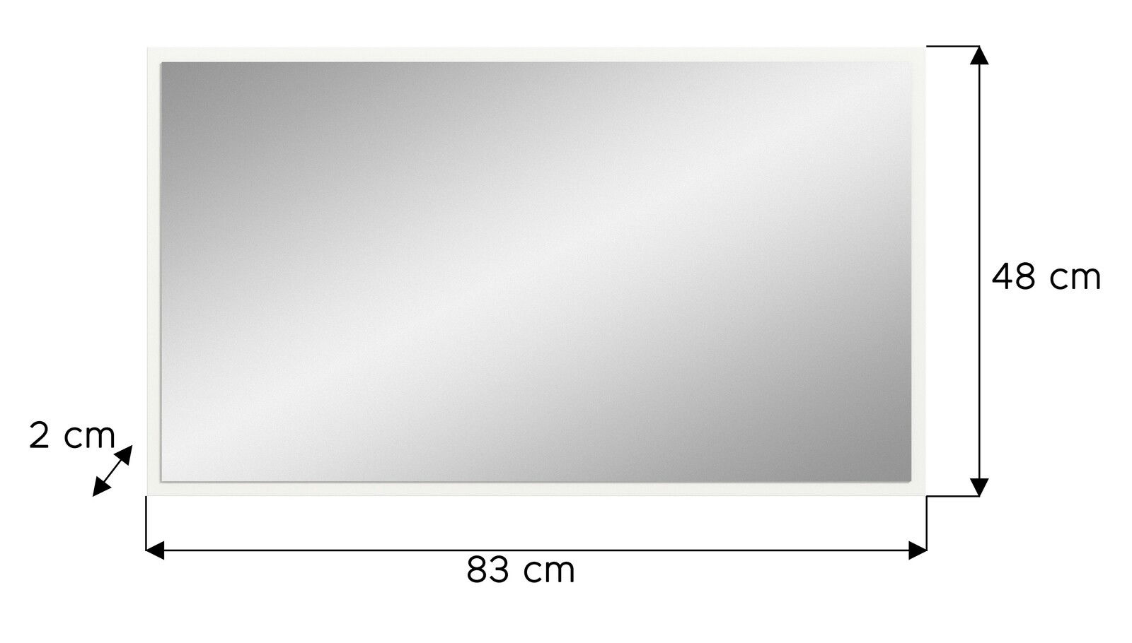 Rechteckiger Spiegel mit den Maßen 83 cm x 48 cm und einer Tiefe von 2 cm, frontal abgebildet.
