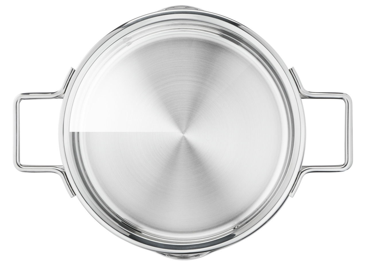 Topf aus Edelstahl, Draufsicht, mit zwei Griffen.