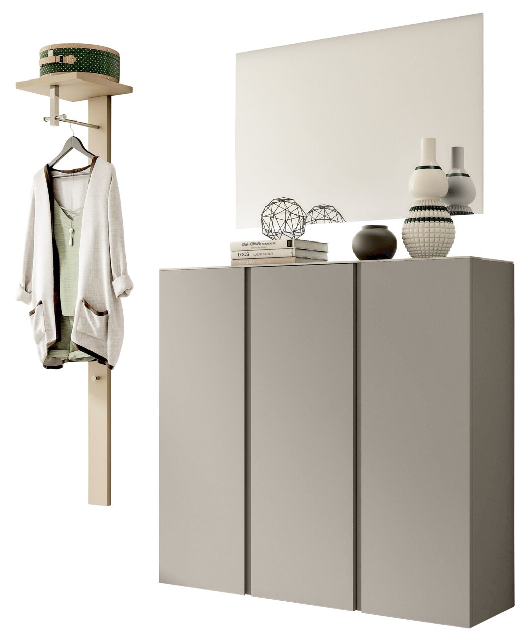 Garderobenset mit Wandspiegel, Hängeregal und Schrank in moderner, minimalistischer Optik, seitliche Perspektive