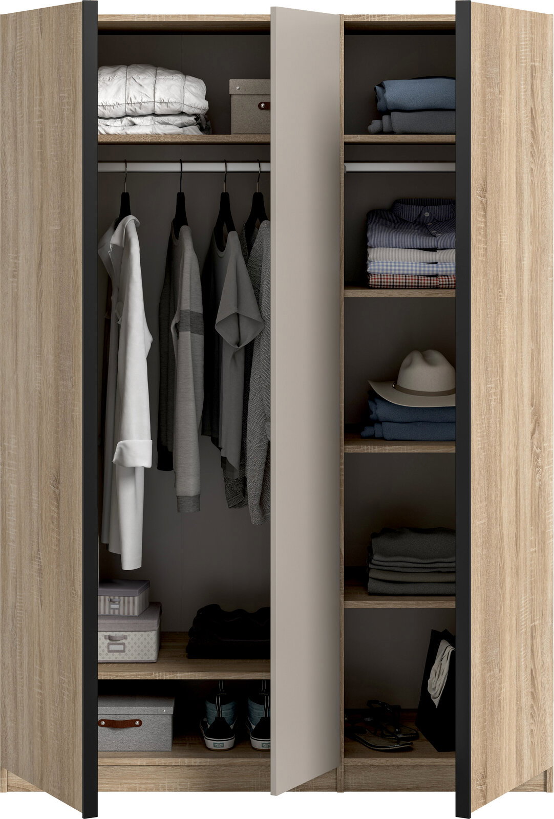 Offener Kleiderschrank in heller Holzoptik mit mittlerer Tür, links Kleiderstange mit hängender Kleidung und Ablagefächern, rechts mehrere Regalböden mit gefalteten Textilien und Hut, Frontansicht.