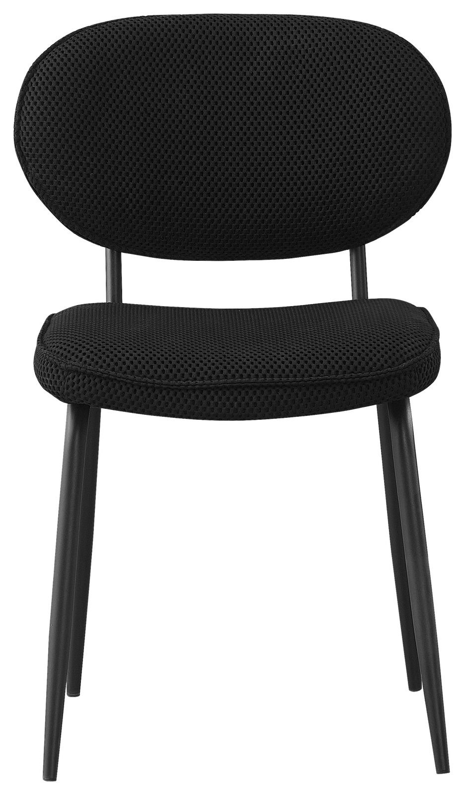 Schwarzer Stuhl mit gepolsterter Sitzfläche und Rückenlehne, aus der Vorderansicht fotografiert.