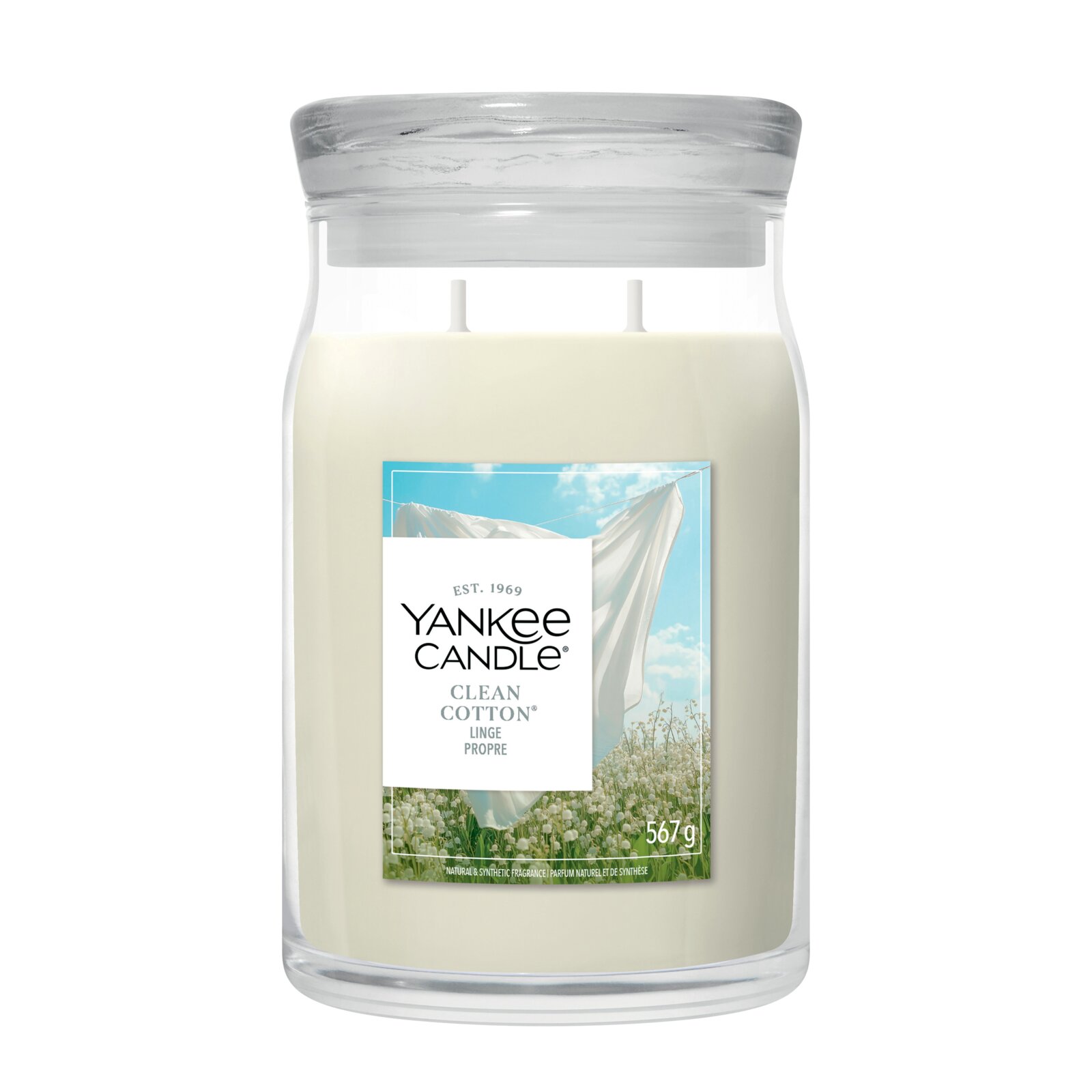 Yankee Candle Clean Cotton Duftkerze mit zwei Dochten im großen Glas mit transparentem Deckel, frontal vor weißem Hintergrund abgebildet