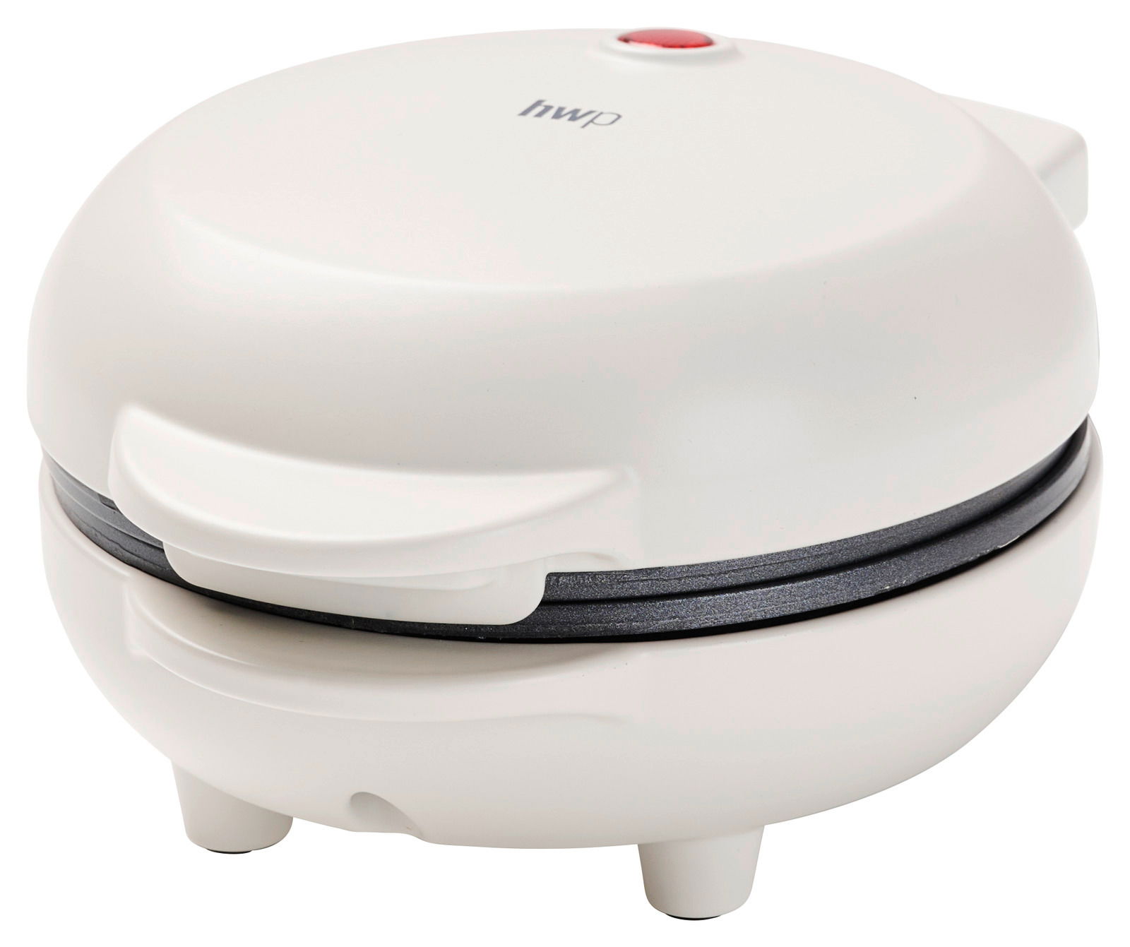 Weißes Waffeleisen mit rotem Knopf, seitliche Perspektive