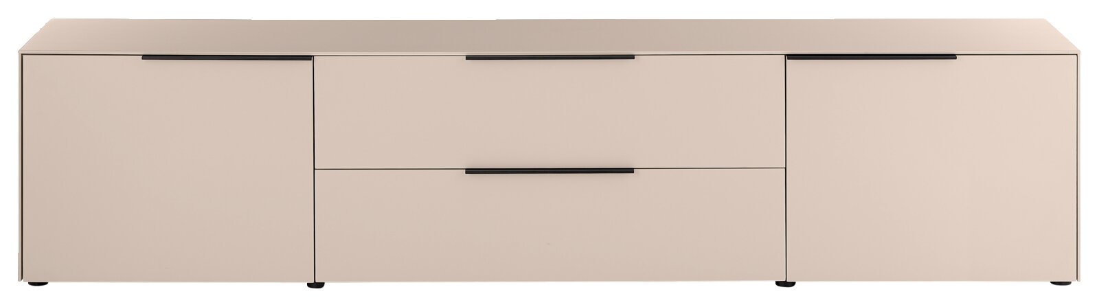 Modernes Sideboard in Beige mit zwei Türen und zwei Schubladen, schwarzen Griffleisten und Füßen, frontale Ansicht leicht von oben
