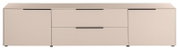 Modernes Sideboard in Beige mit zwei Türen und zwei Schubladen, schwarzen Griffleisten und Füßen, frontale Ansicht leicht von oben