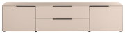 Modernes Sideboard in Beige mit zwei Türen und zwei Schubladen, schwarzen Griffleisten und Füßen, frontale Ansicht leicht von oben