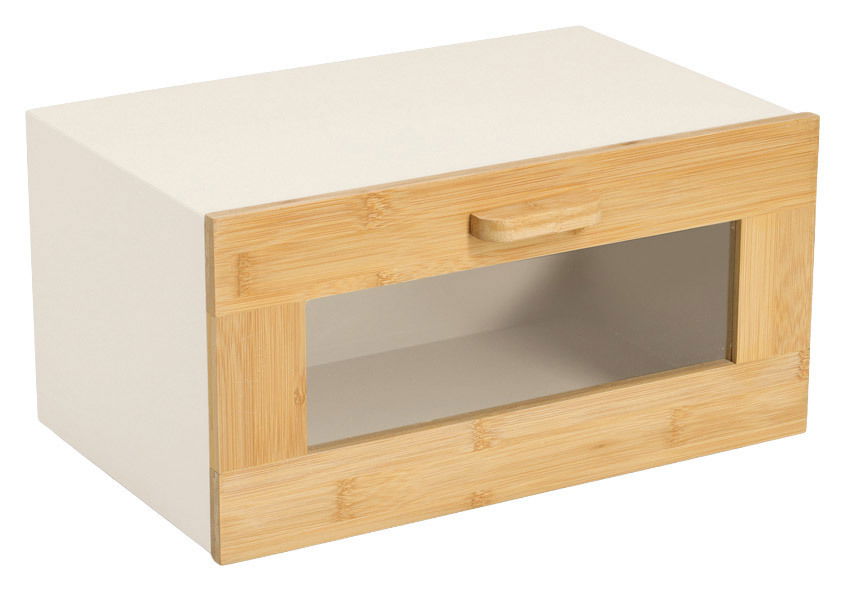 Moderner Brotkasten mit Klappe aus Holz und Glas, seitliche Perspektive