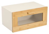 Moderner Brotkasten mit Klappe aus Holz und Glas, seitliche Perspektive