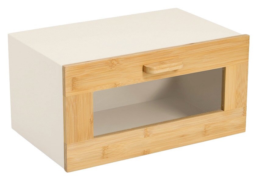 Moderner Brotkasten mit Klappe aus Holz und Glas, seitliche Perspektive