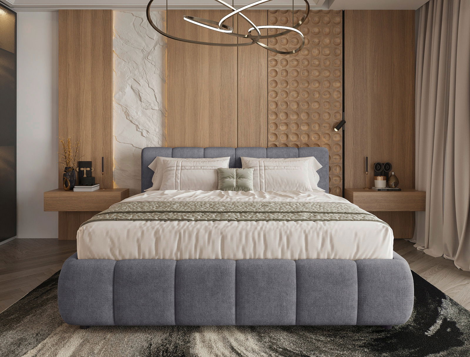 Frontale Ansicht eines modernen Polsterbettgestells mit grauem Stoffbezug, flankiert von Nachttischen und dekorativen Holzwänden im Hintergrund.