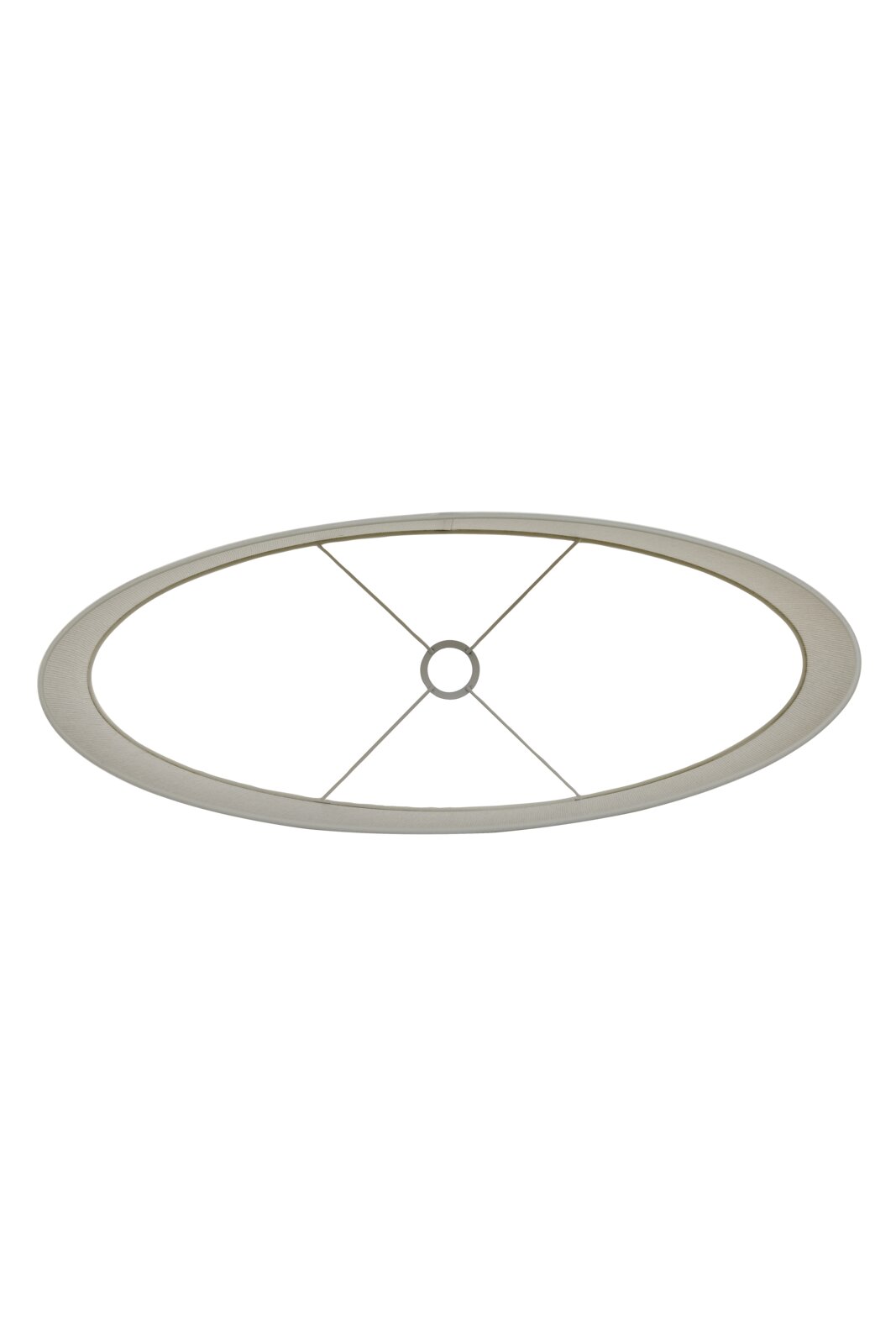 Ovaler, silberfarbener Lampenschirm-Rahmen mit vier Streben und zentraler Ringhalterung, freigestellt auf weißem Hintergrund, Ansicht von oben