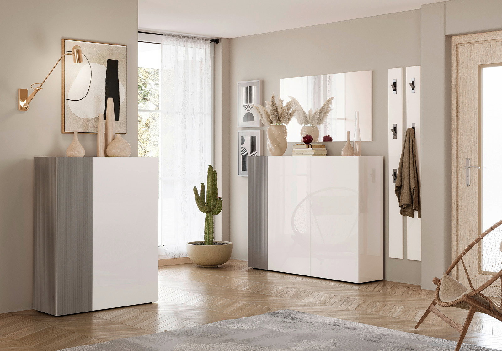 Moderner Schuhschrank in einem stilvollen Wohnzimmer, seitliche Perspektive