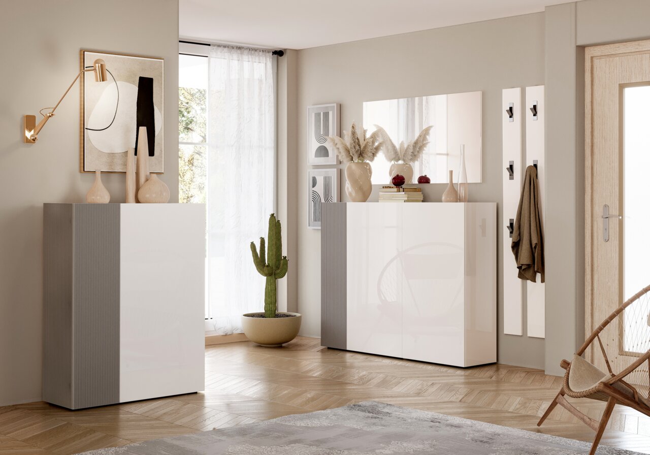 Voleo XL-Schuhschrank TANKO Moderner Schuhschrank in einem stilvollen Wohnzimmer, seitliche Perspektive
