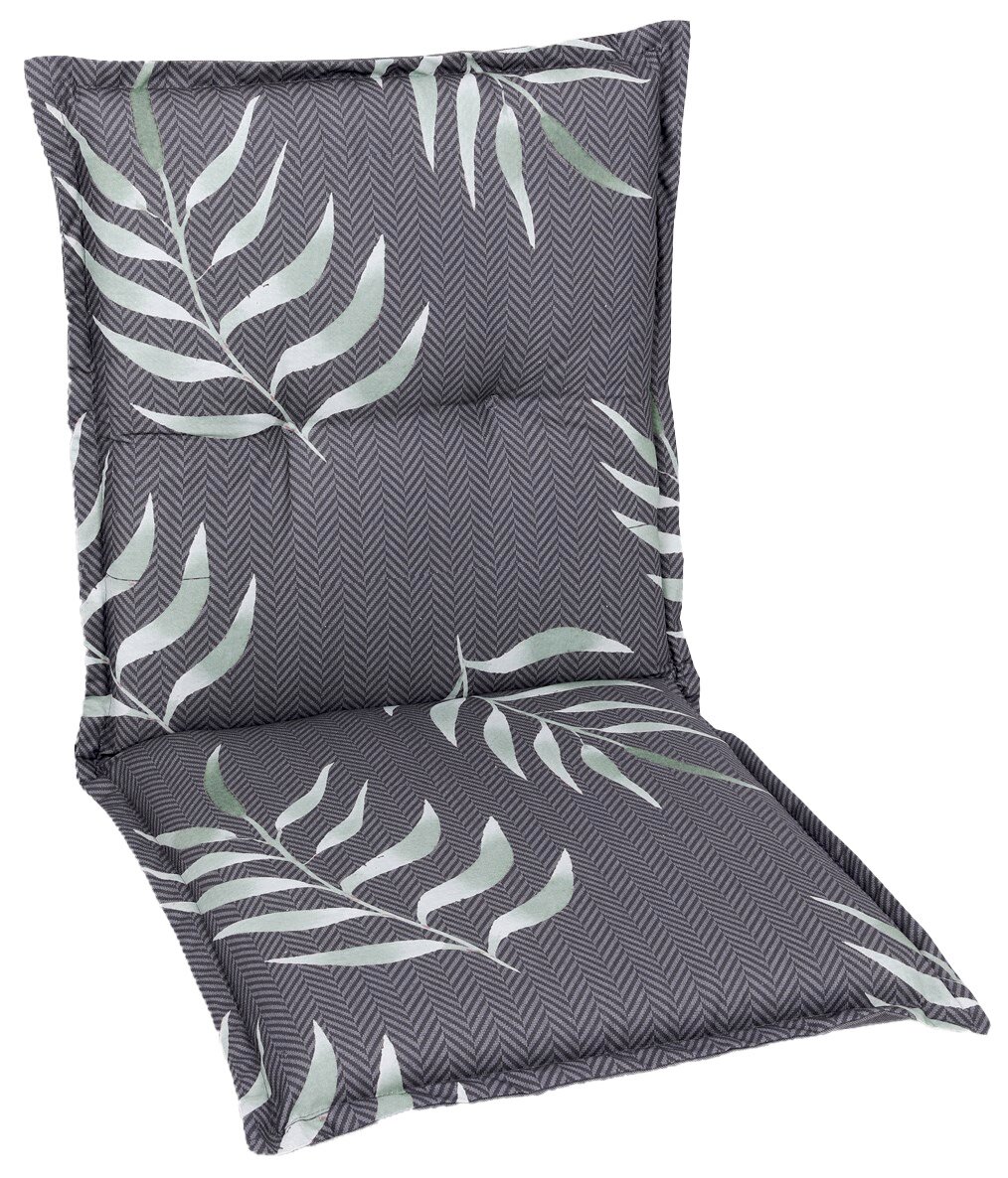 Niederlehnerauflage mit grauem Zickzackmuster und grünen Blattmotiven, Vorderansicht