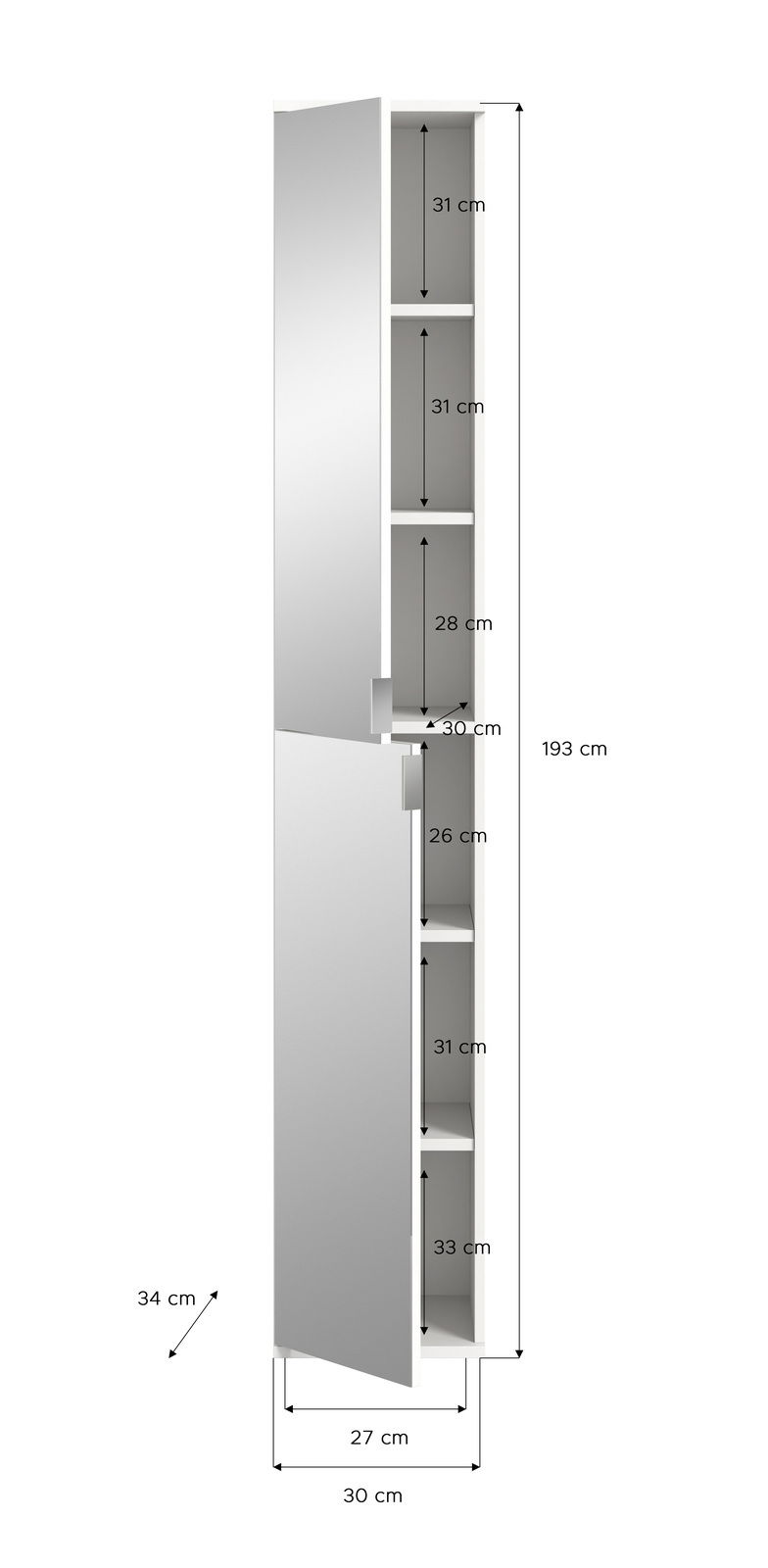 Spiegelschrank mit mehreren Fächern, seitliche Perspektive, Maße: 193 cm hoch, 30 cm tief, 34 cm breit