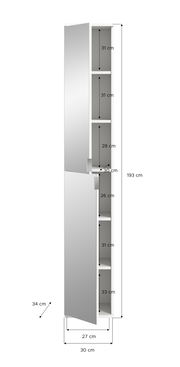 Spiegelschrank mit mehreren Fächern, seitliche Perspektive, Maße: 193 cm hoch, 30 cm tief, 34 cm breit