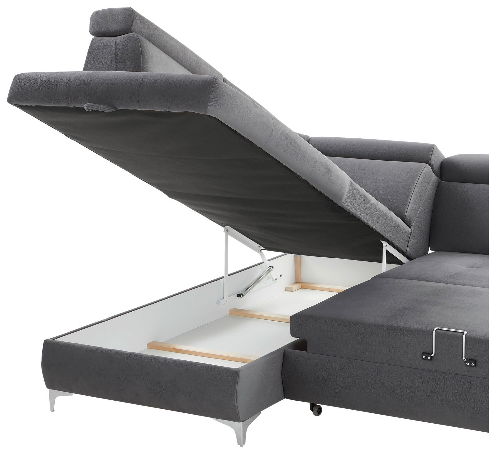 Graue Rundecke mit hochgeklappter Sitzfläche, die Stauraum darunter zeigt. Perspektive von der Seite.