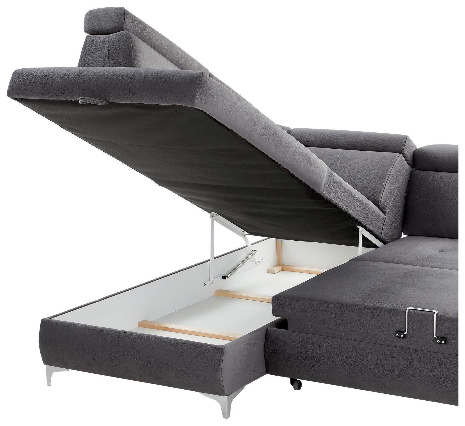 Graue Rundecke mit hochgeklappter Sitzfläche, die Stauraum darunter zeigt. Perspektive von der Seite.