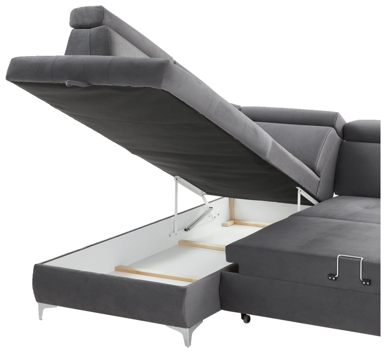 Graue Rundecke mit hochgeklappter Sitzfläche, die Stauraum darunter zeigt. Perspektive von der Seite.