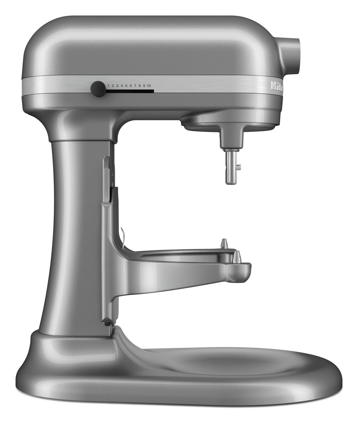 Seitliche Ansicht der silbernen Küchenmaschine Heavy Duty 5,2L ohne Schüssel und Zubehör.
