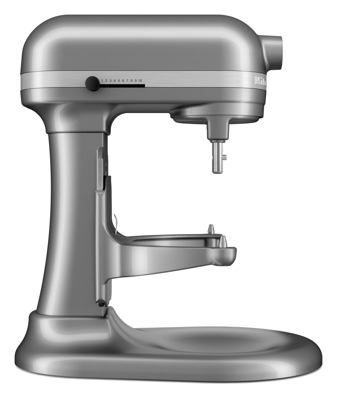 Seitliche Ansicht der silbernen Küchenmaschine Heavy Duty 5,2L ohne Schüssel und Zubehör.