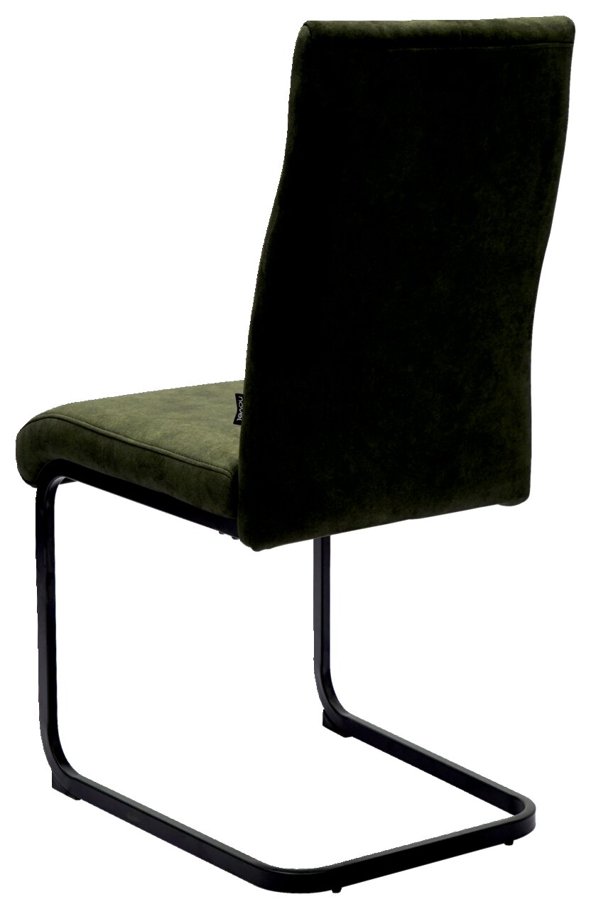 Achterkant van een groene schommelstoel met een zwart metalen frame