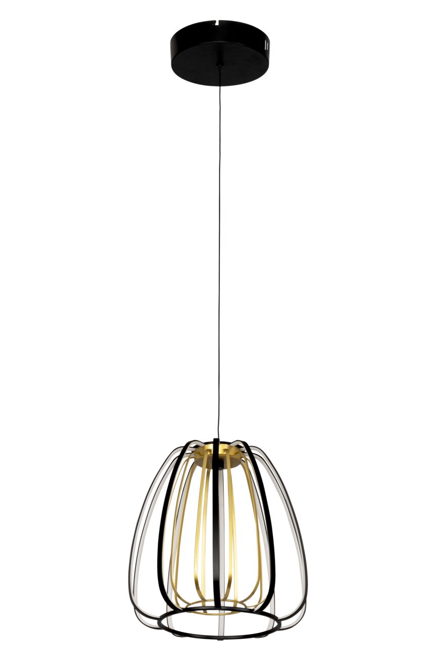 Moderne LED-Hängeleuchte mit schwarzem Baldachin und goldenen Akzenten, seitliche Perspektive
