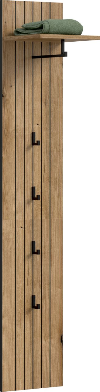 Schmale Wandgarderobe aus Holz mit senkrechten Lamellen, schwarzer Metallablage und vier Haken, oben mit gefaltetem grünem Handtuch, Frontansicht in leichter Seitenperspektive