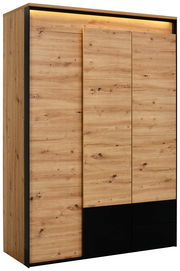 Drehtürenschrank aus Holz mit schwarzem Akzent, seitliche Perspektive