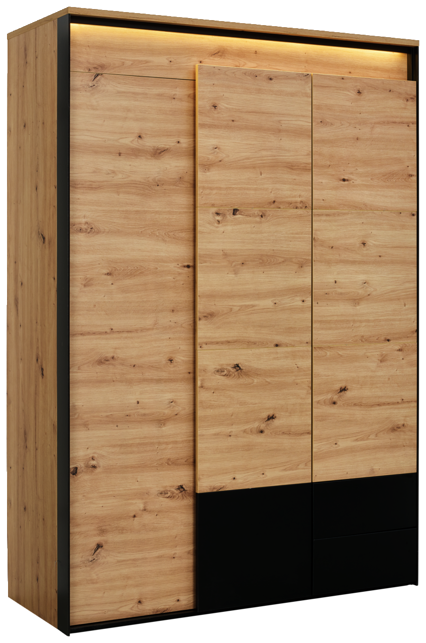 Voleo Drehtürenschrank Drehtürenschrank aus Holz mit schwarzem Akzent, seitliche Perspektive