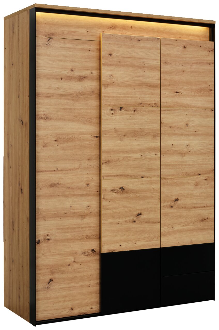 Voleo Drehtürenschrank Drehtürenschrank aus Holz mit schwarzem Akzent, seitliche Perspektive