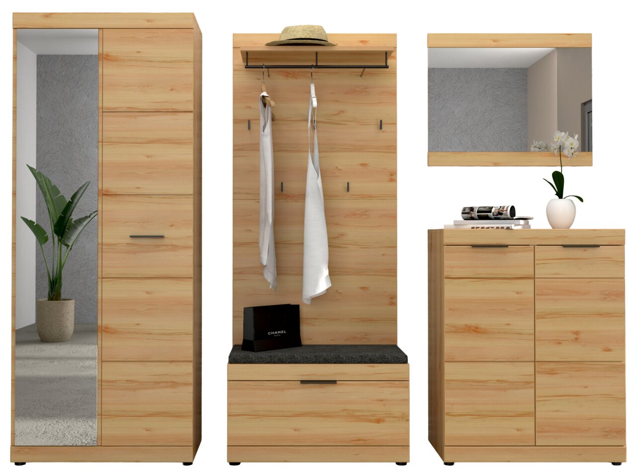 XORA Garderoben-Set 5-tlg. OHIO Moderne Garderobenmöbel im Flur-Set in heller Holzoptik: links hoher Schrank mit Spiegel, mittig Garderobenpaneel mit Hutablage, Haken und Sitzbank, rechts Kommode mit Wandspiegel – Frontansicht.