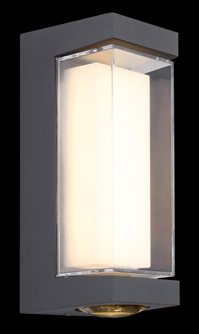 Moderne LED-Außenwandleuchte in rechteckigem Design, seitliche Perspektive