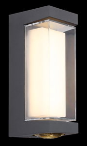 Moderne LED-Außenwandleuchte in rechteckigem Design, seitliche Perspektive