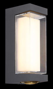 Moderne LED-Außenwandleuchte in rechteckigem Design, seitliche Perspektive