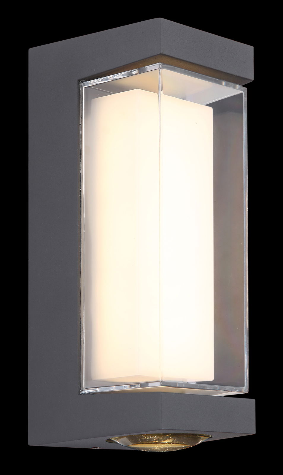 Moderne LED-Außenwandleuchte in rechteckigem Design, seitliche Perspektive