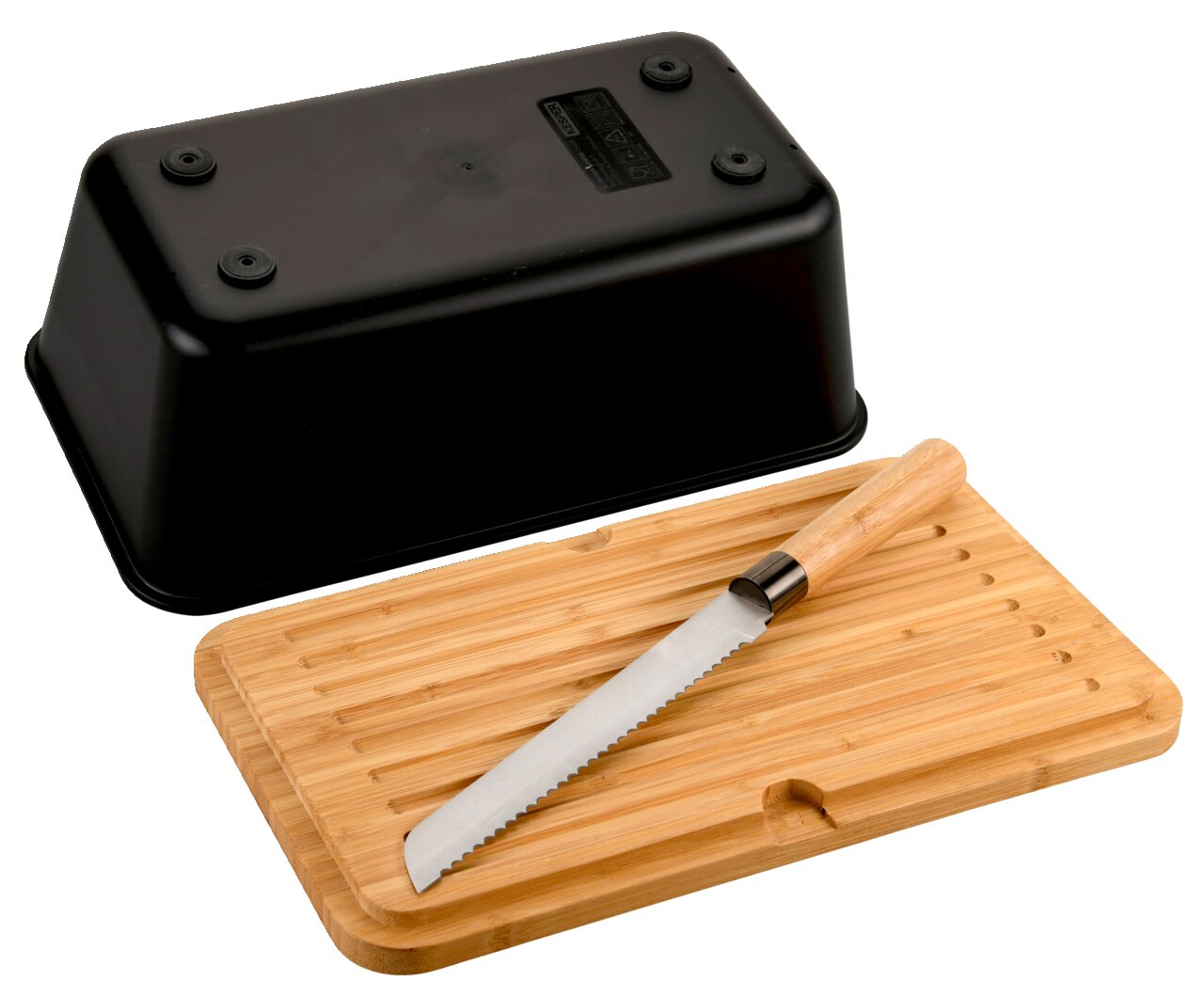 Schwarze Brotbox mit integriertem Messer, abgebildet aus der Vogelperspektive. Der Deckel der Box liegt umgedreht neben einem Holzbrett mit einem Brotmesser darauf.